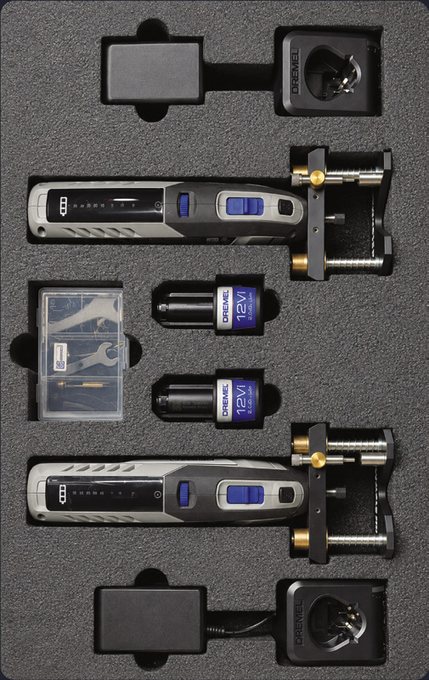 WHISPER-CLOSE kit foam tray with two rotary tools, two batteries, two chargers, jig and accessory case